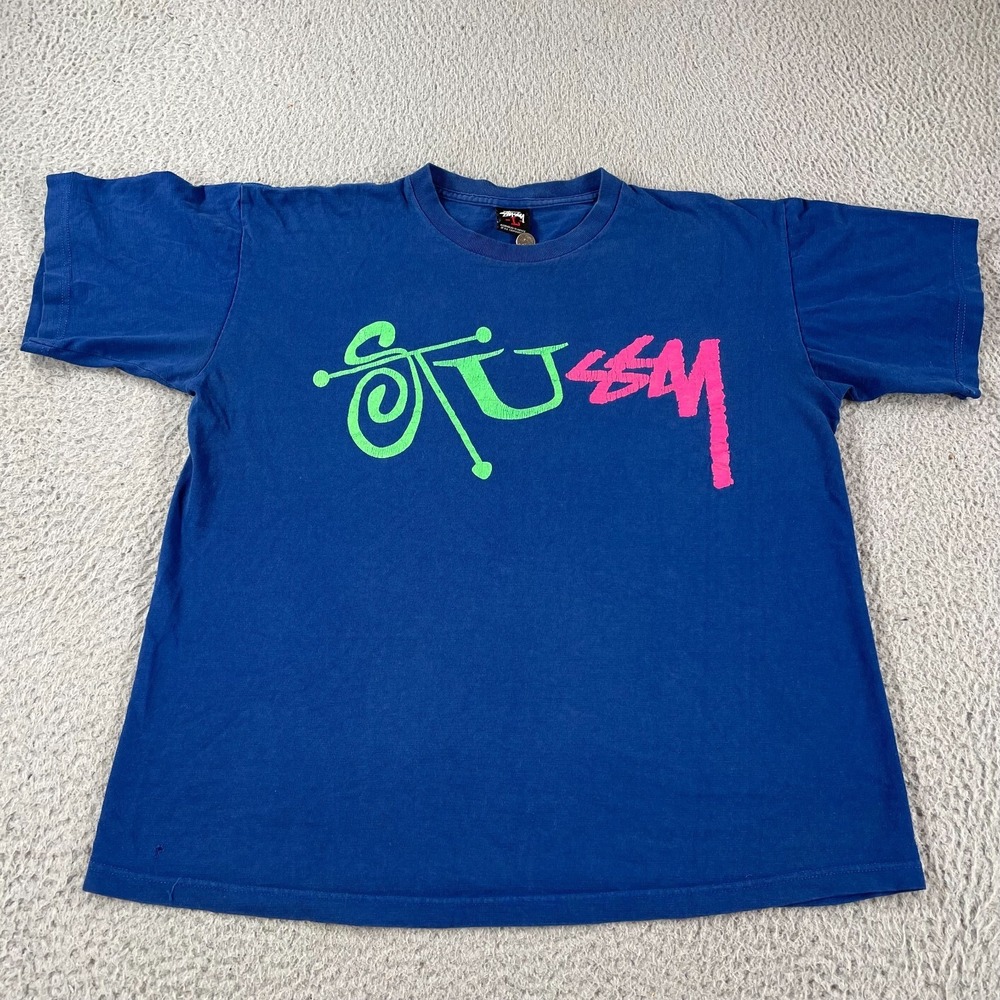 Vintage 2000s Stussy Graphic T Shirt Blue Men's L Y2K Big Logo Double Graphic * - Picture 1 of 12